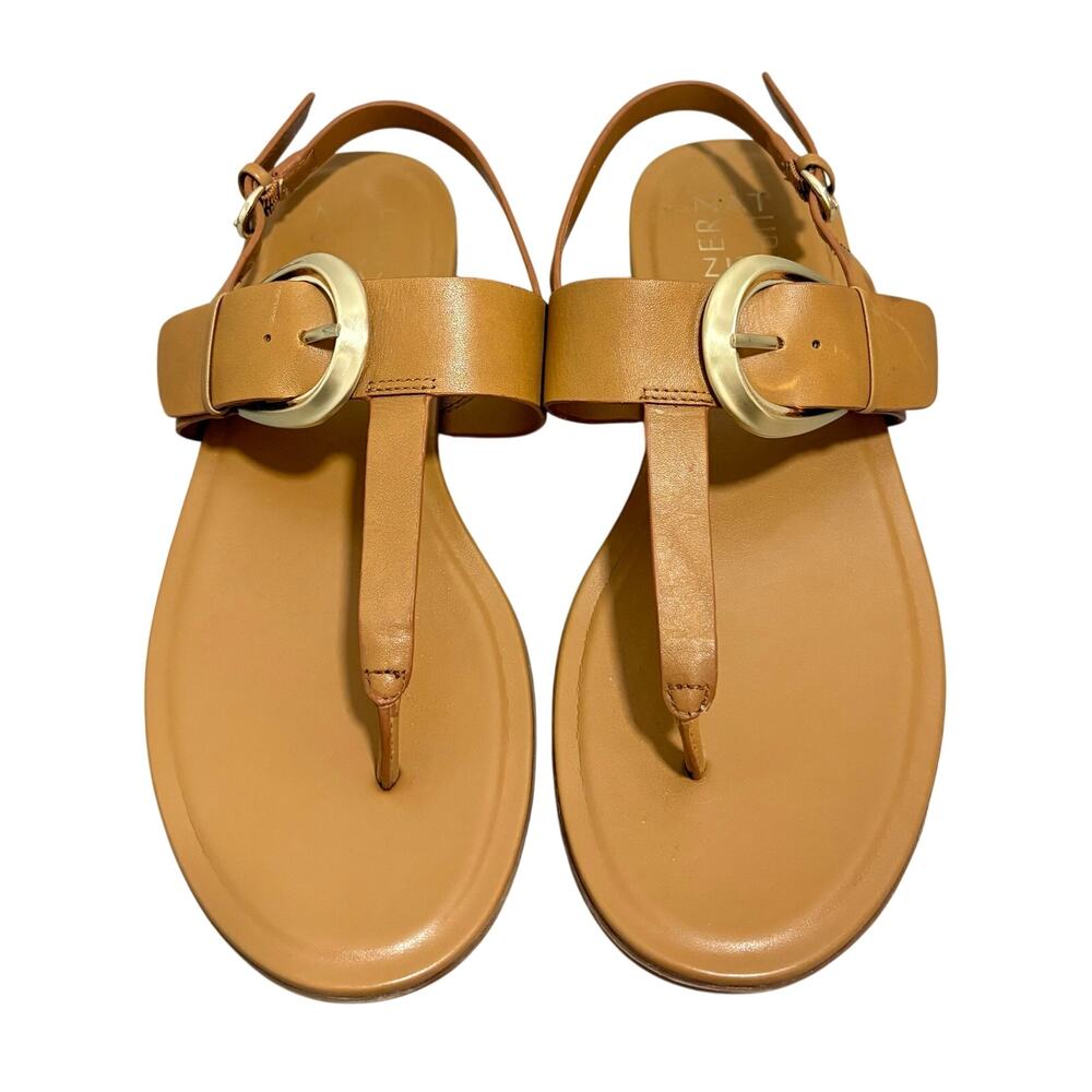 Naturalizer Leather T-Strap Sandals Tan Gold Buckle Women’s Size 8W